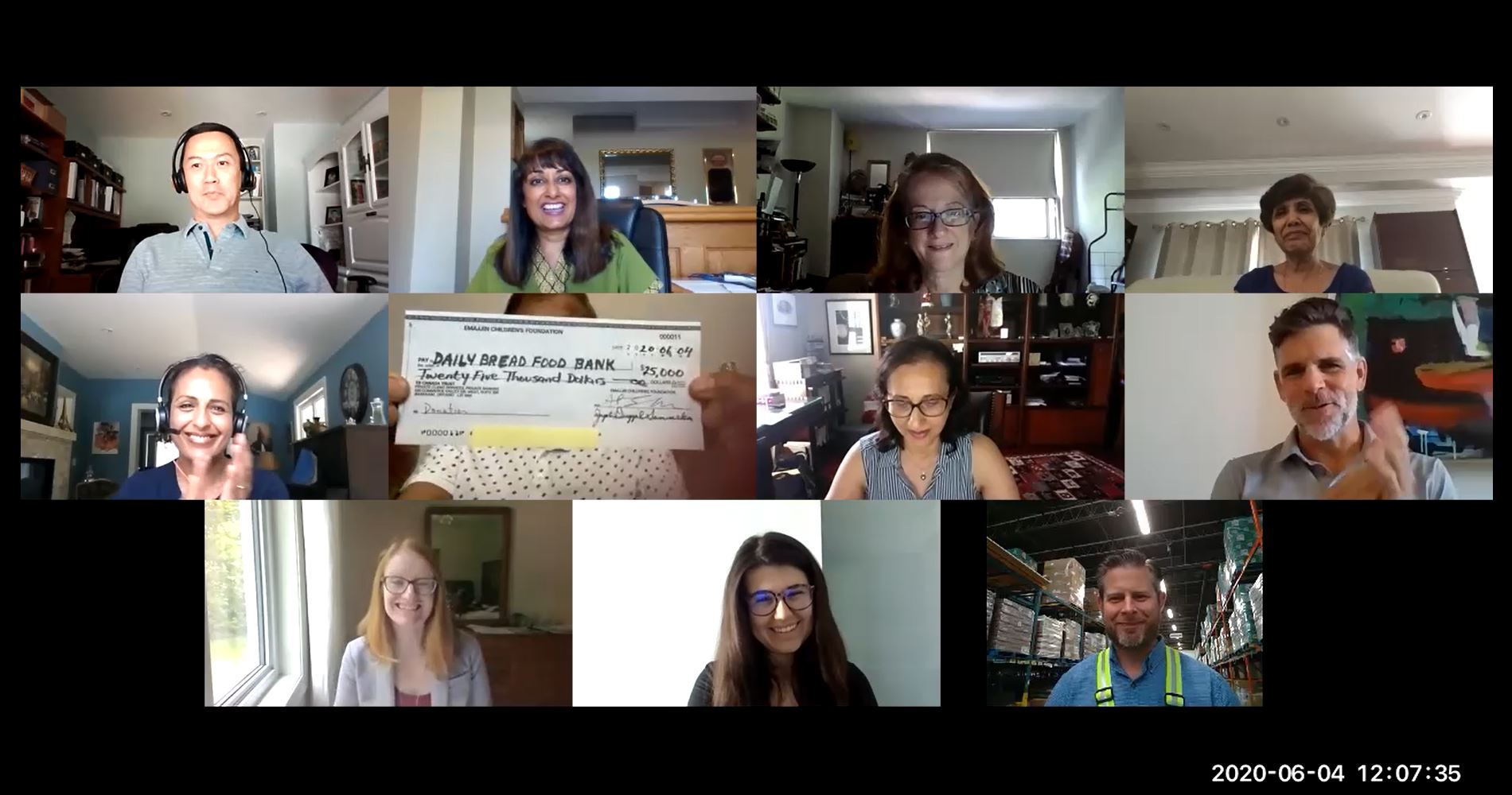 Emajjin Children's Foundation presenting a $28,000 cheque to Daily Bread Food Bank via Zoom during COVID-19 in June 2020