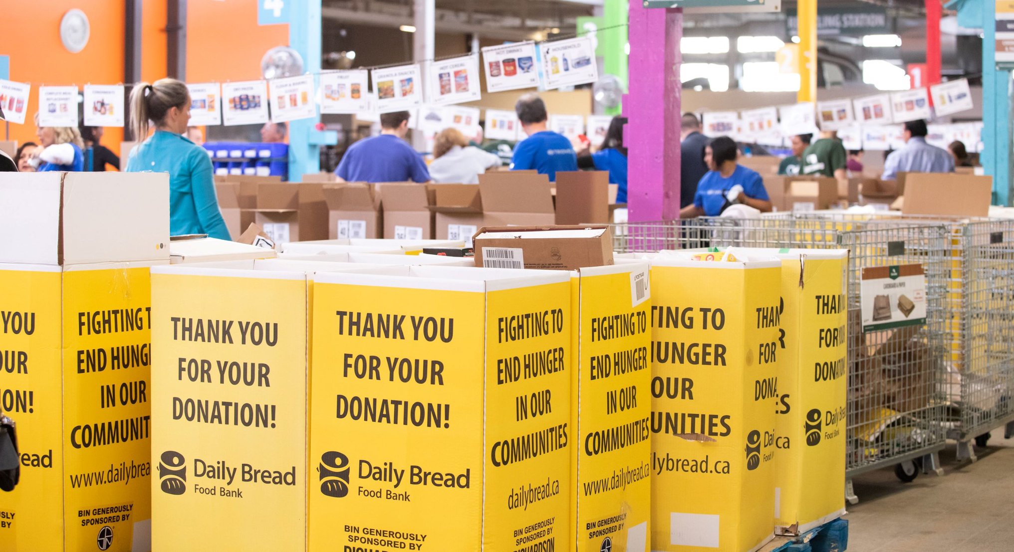 Packaged food bank boxes prepared and ready for distribution at the Daily Bread Food Bank Toronto