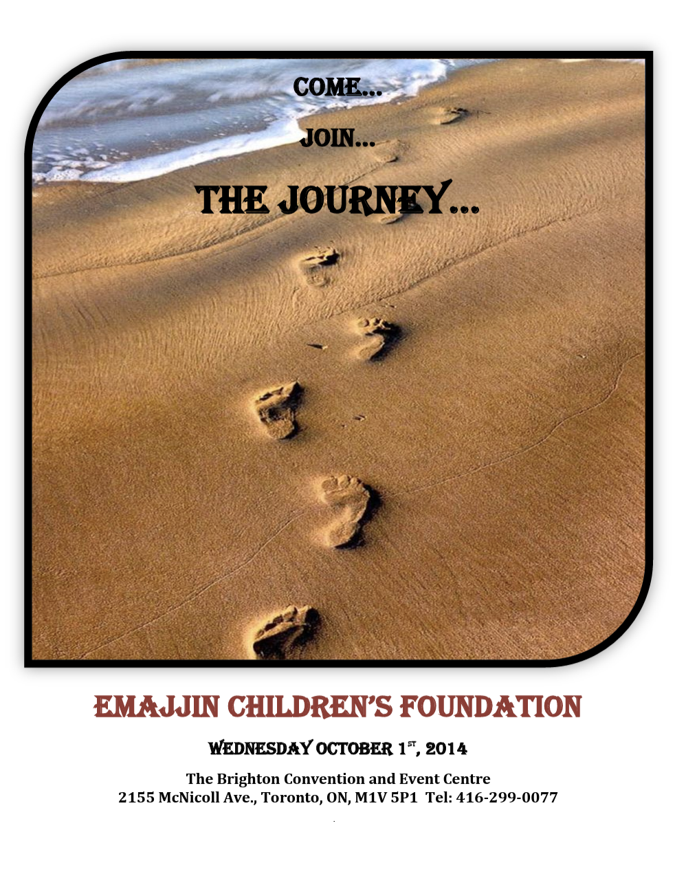 Front cover of the 2014 The Journey gala programme showing footprints in the sand walking along a beach