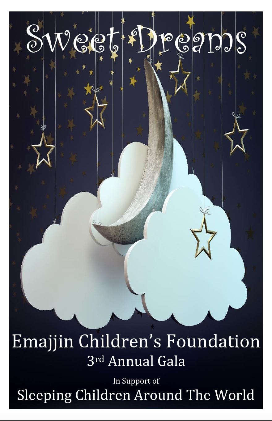 Front cover of the 2016 Sweet Dreams gala programme showing a toy night sky with a hanging moon, stars and clouds