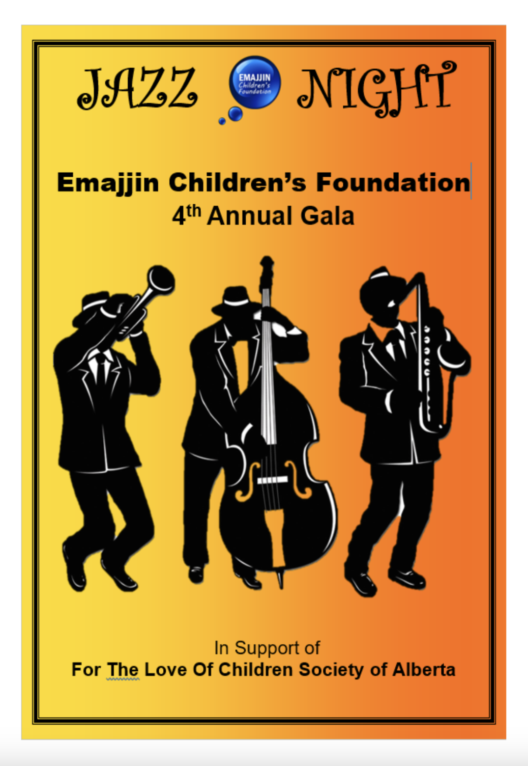 Front cover of the 2017 Jazz Night gala programme showing silhouettes of musicians playing instruments on an orange background