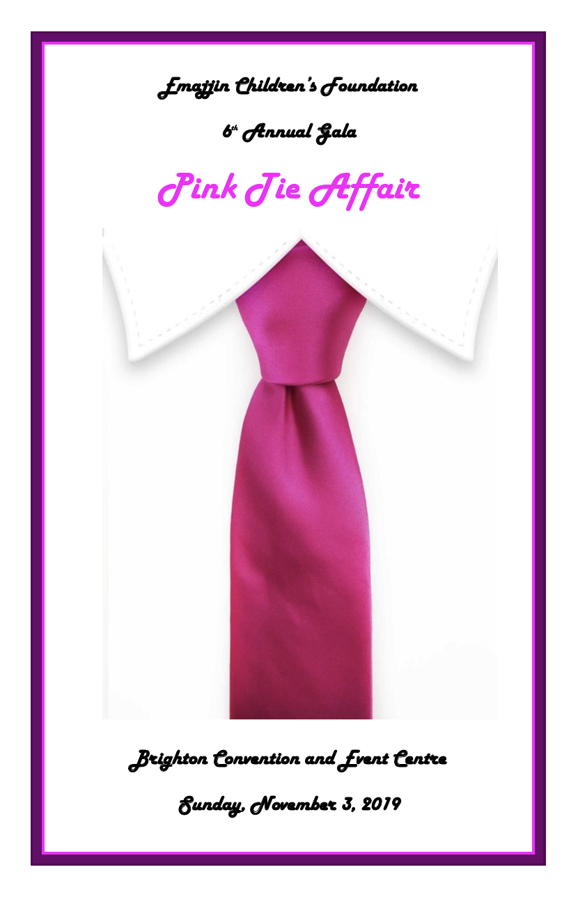 Front cover of the 2019 Pink Tie Affair gala programme showing a white shirt collar with a bright pink tie