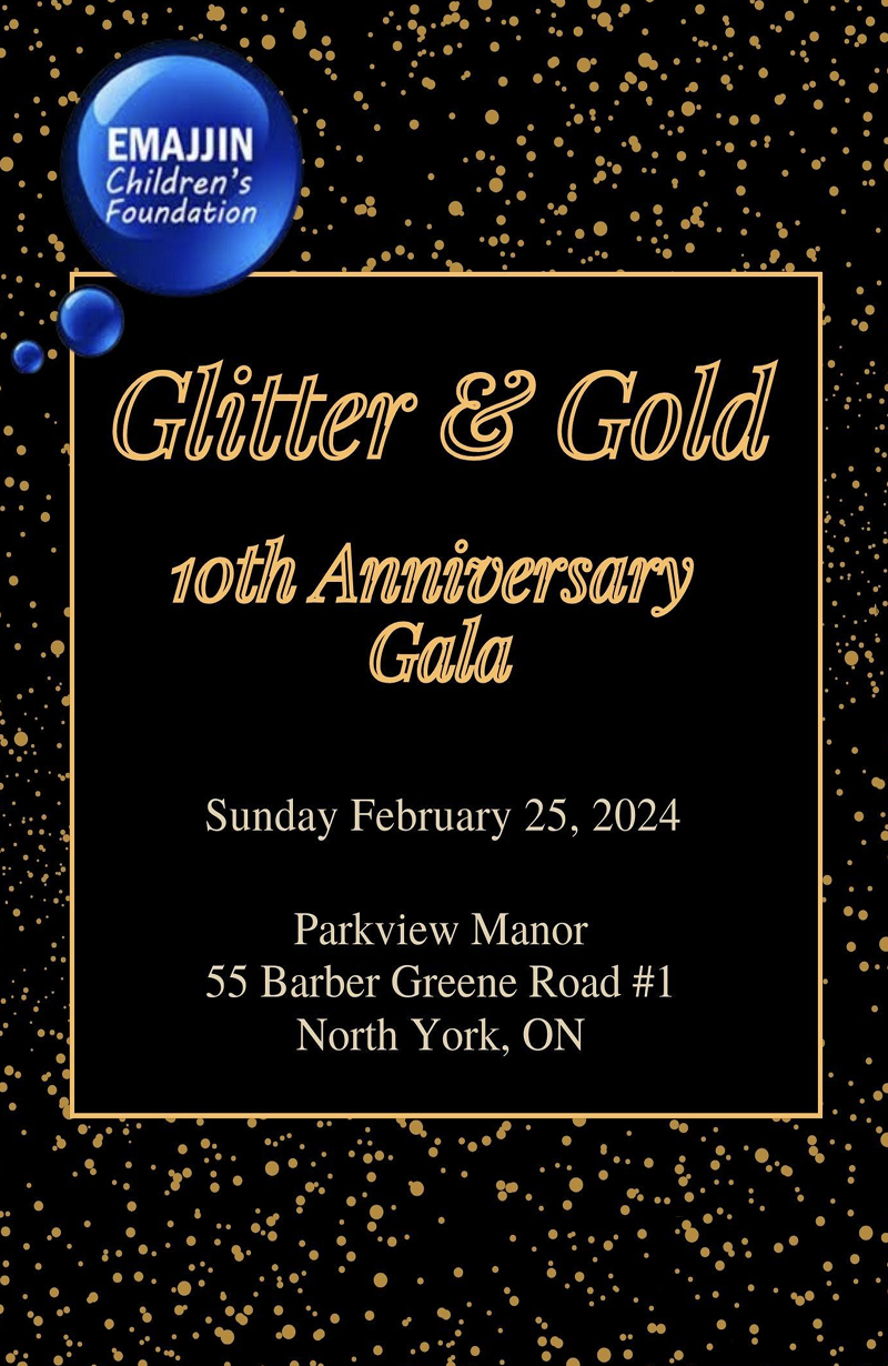 Front cover of the 2024 Glitter and Gold 10th Anniversary Gala programme — black background with gold glitter accents