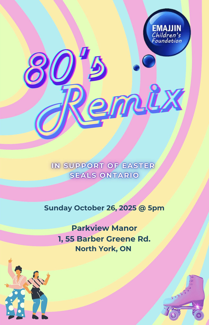 Front cover of the 2025 80s Remix gala programme — colourful neon background with text reading 80s Remix in support of Easter Seals Ontario